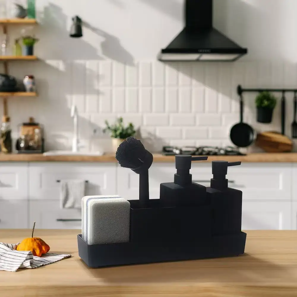 Kitchen soap dispenser with sponge holder and dishwashing brush, for hand washing and dishwashing, bottle with tray