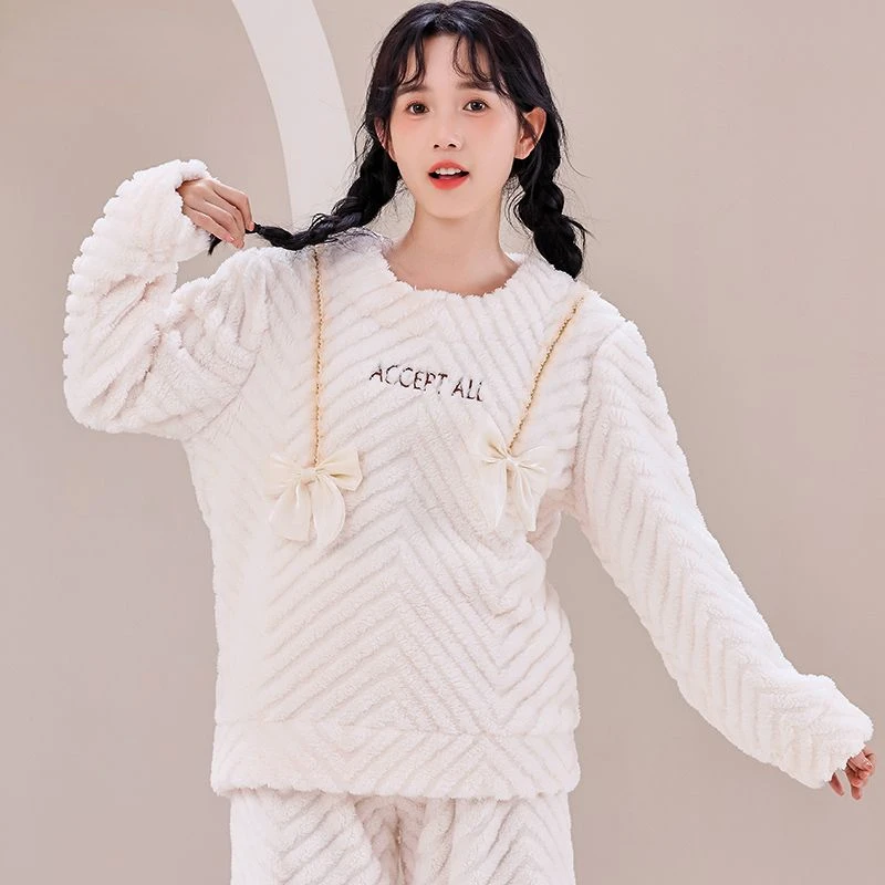 2024 New Pajama Women Autumn Winter Thick Coral Velvet Sleepwear Sweet Bow Korean Student Casual Loungewear Outside Home Clothes plus velvet thick thick warm coral velvet home clothes all match fashion trend cute sweet autumn and winter new pajamas