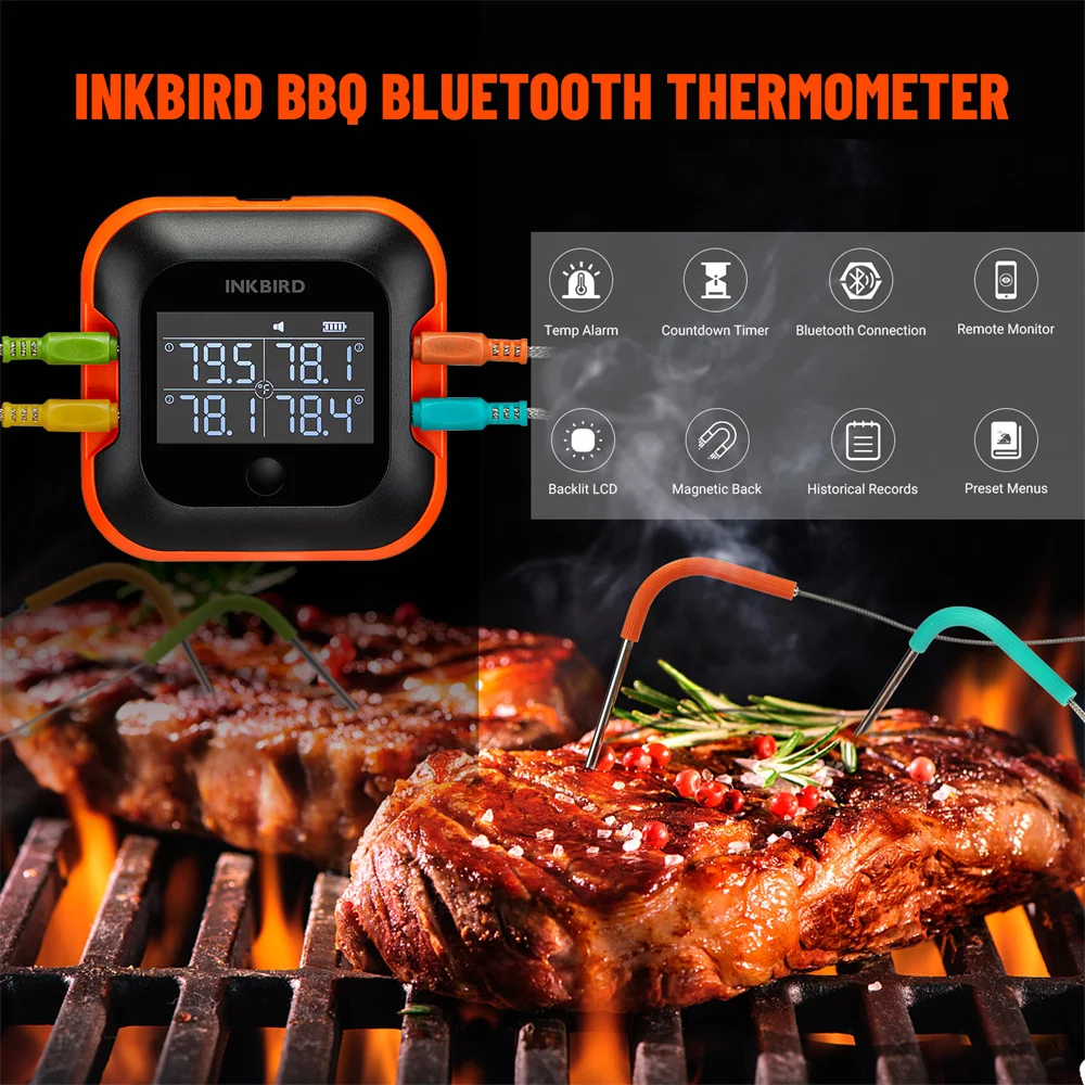 INKBIRD 블루투스 고기 온도계, 대형 백라이트 LCD 및 알람, 야외 캠핑 바베큐 온도계, 4 프로브