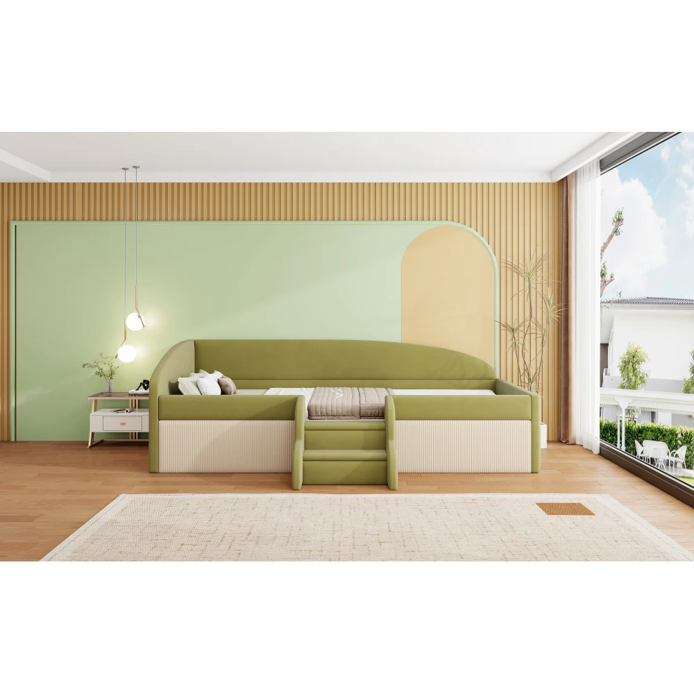 90 * 190 cm schönes gepolstertes Schlafsofa, mit Treppen und Zäunen, hautfreundlicher Samtstoff, für Kinderzimmer (ohne Matratze) – Detail 4
