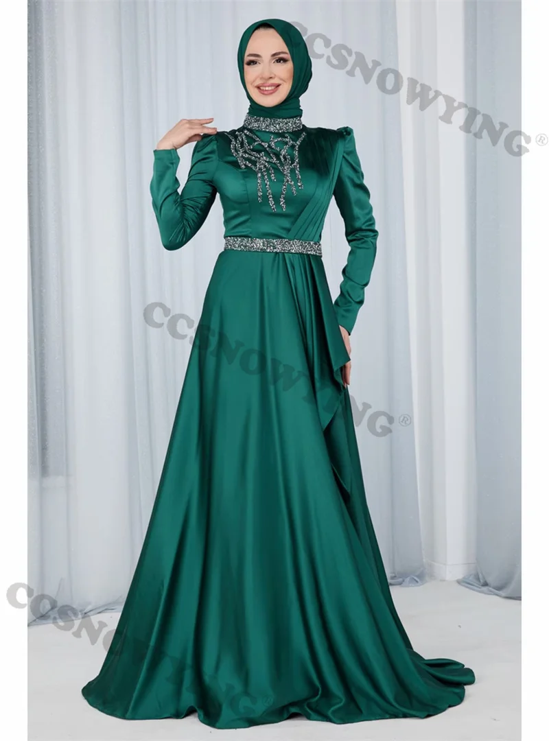 

Green Muslim Appliques Beaded Hijab Evening Dress Satin Long Sleeve Islamic Formal Party Gown Women Arabic Dubai Robe De Soiree