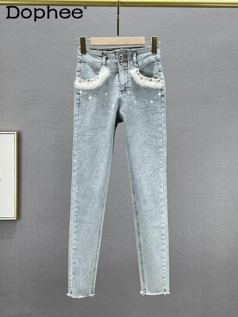 Feather Stitching Rhinestone Jeans for Women 2023 Autumn Winter