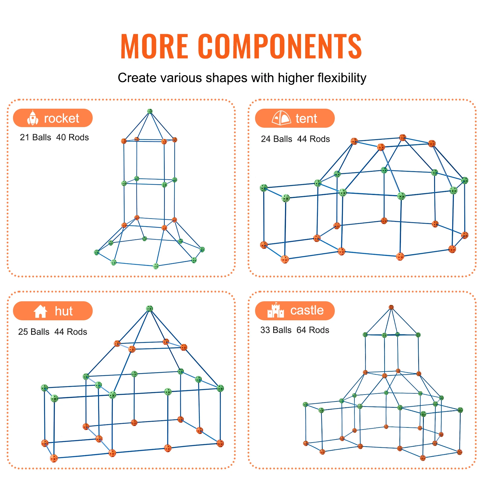VEVOR Fort Building Blocks Kids Creative Indoor Play Tent Brick Kit with 80 Rods 40 Balls for DIY Educational Castle Toys Gift 4