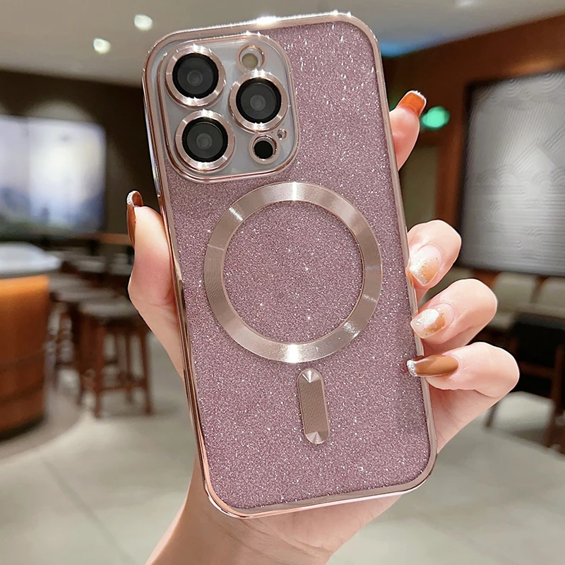 thumbnail image 1 of Funda de teléfono galvanizada con Protector de lente para iPhone 15, 14, 11, 12, 13 Pro Max, Magsafe, parachoques de carga inalámbrica, cubierta brillante, 1 of 5
