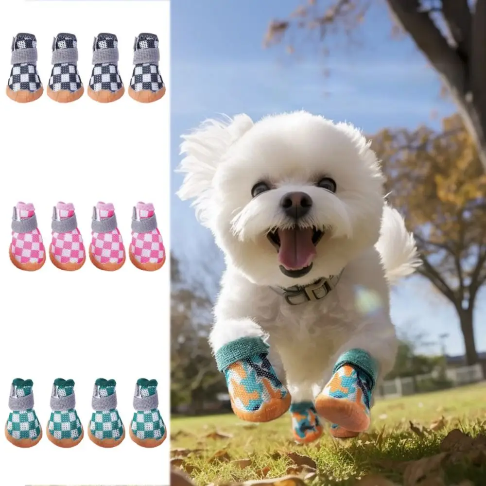 

4pcs/set Anti-skid Breathable Pet Dog Shoes Soft Breathable Puppy Mesh Shoes Wear-resistant Sandwich Mesh Hollow Dog Boots