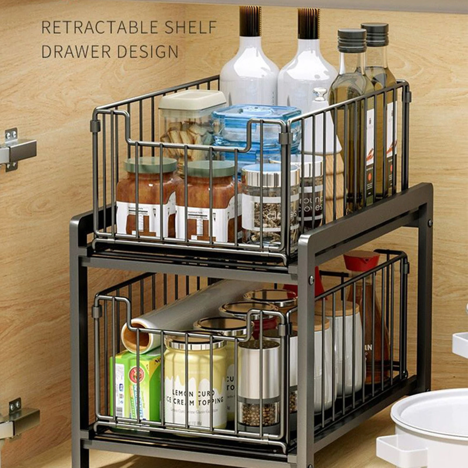 Ausziehbarer Schubladen-Schrank-Organizer, ausziehbarer, stapelbarer Schrank-Organizer unter der Spüle, 2-stufiges Lagerregal, Mehrzweck-F – Detail 2