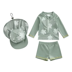 Adorable Boys' Turtle Print Rash Guard Swim Set with Long-Sleeve Top, Shorts, and Hat - 3-4 Years (Green)