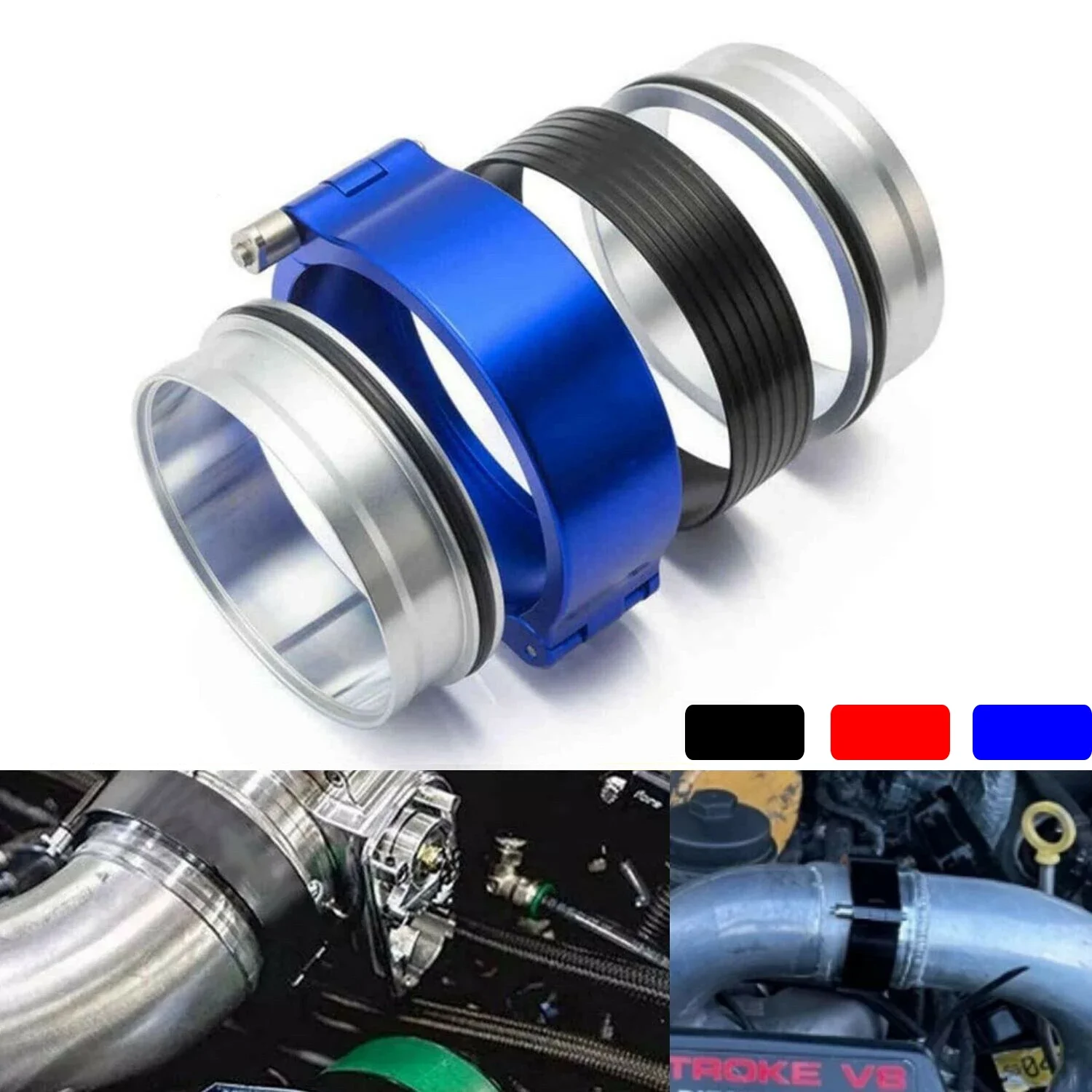 

Racing Car Engine Aluminum 3.5'' Quick Release HD V-Band Clamp Kit for Intake Intercooler Pipe Black Red Blue