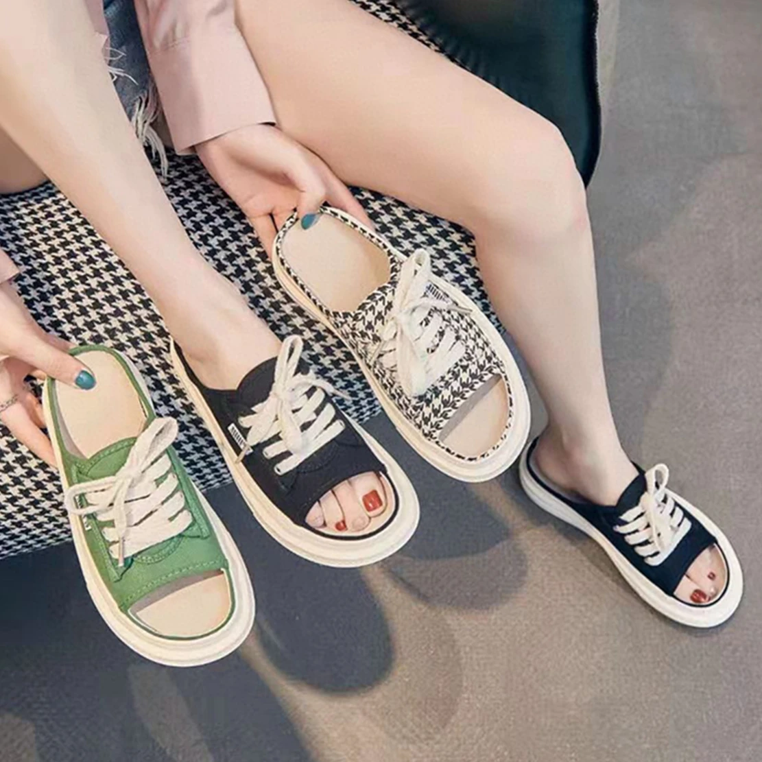 

Elmsk Ins Blogger Vintage Fashion Sneakers Canvas Casual Slippers Women