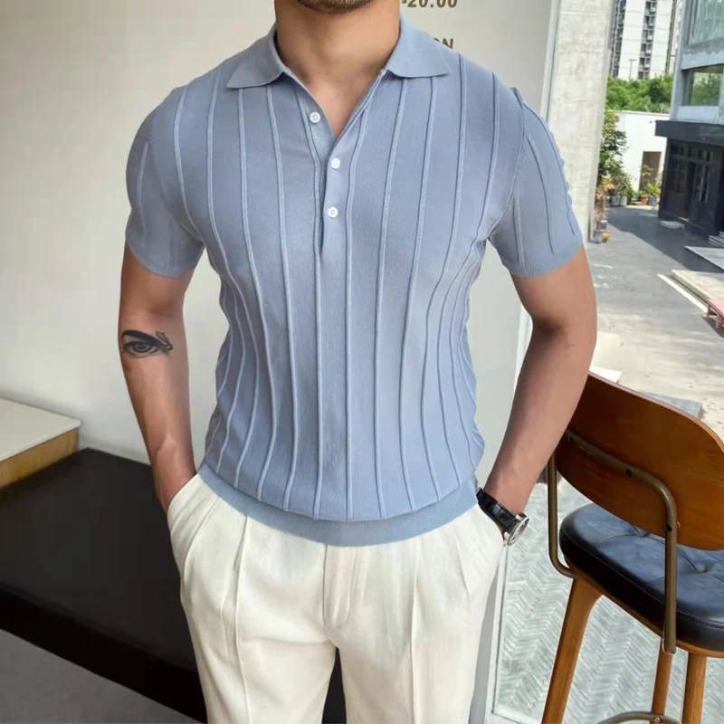 2024 Spring Summer Knit Polo Shirt Men Casual Turn-down Collar Button-up Fashion Striped Solid Slim Tops Ice Silk Fabric T-shirt 2