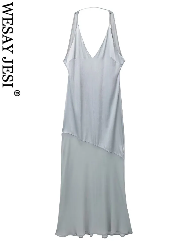 

WESAY JESI TRAF Fashion Texture Drape Slim Dress Women Grey Sexy V-Neck Low-Cut Suspender Chic Sleeveless Stitching Dress Woman