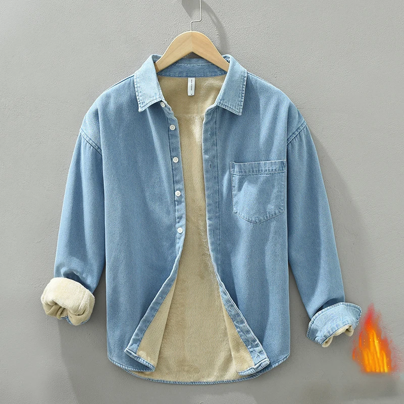 

Winter Denim shirt Men Thick Warm Fleece Shirts for Men Blue Solid color Cotton Double Collar Single Breasted Plush Tops