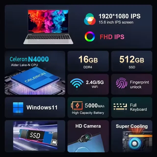 15.6" Business Laptop Computer Celeron N4000 16GB DDR4 1TB SSD Windows 11 Pro Fingerprint Unlock Notebook PC 1920*1080P Laptop 2