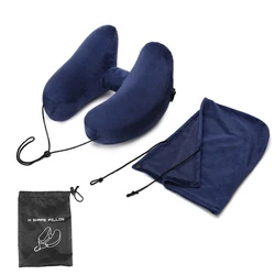 Compact Travel Neck Pillow with Hood - Inflatable U - Shaped Cushion for Ultimate Comfort (Blue)
