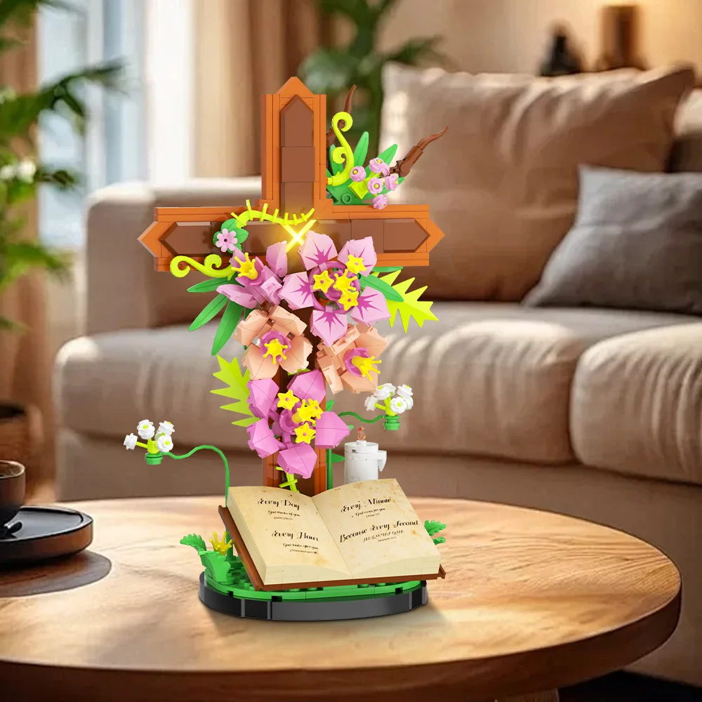 MOC Christianity Cross Flower Bouquet Bricks Model Sacred Bible Tulip Flowers Plant Building Blocks Assembly Toys Kids DIY Gifts
