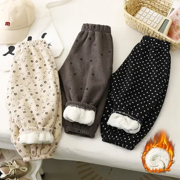 Winter Warm Fleece Lined Kids Pants Printed Toddler Boys Girls Trousers Retro Polka Dot Pattern Children's Clothes 1