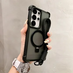 Luxury Lanyard Magnetic Armor Folding Stand Shockproof Phone Case - Galaxy S23 Ultra (Black)