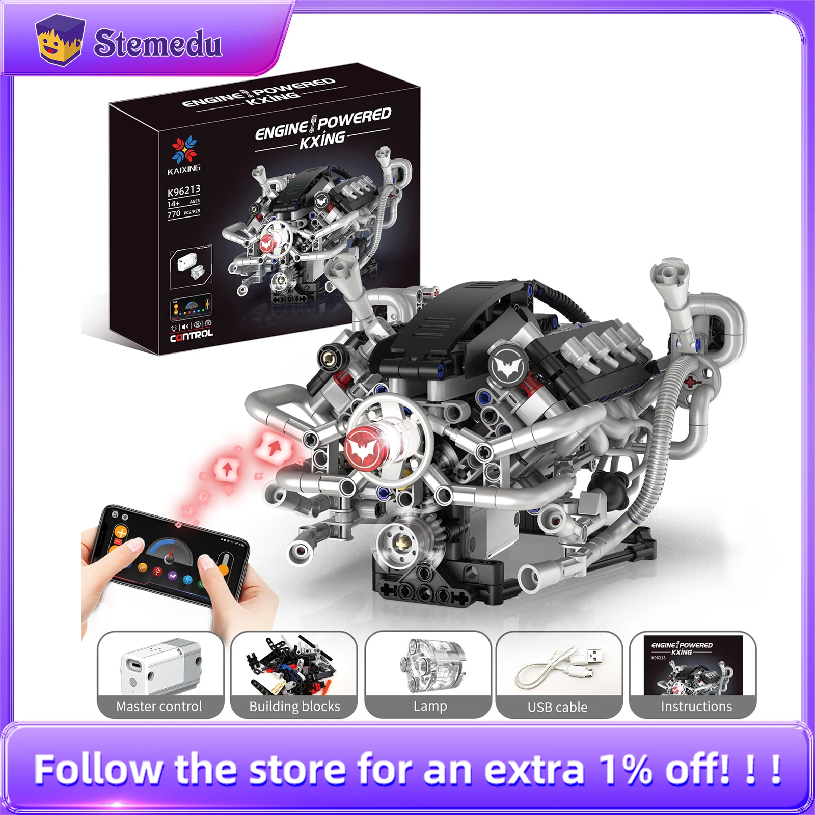 K96213 770pcs V8 Engine Model Bricks MOC Kit Programmable Car