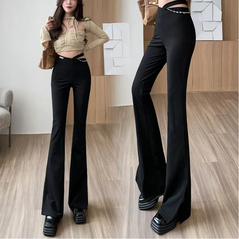 Fashion Design High Waisted Split Flare Pans Women's Black Elastic Waist Personalized Street Korean Slim Fit Straight Trousers