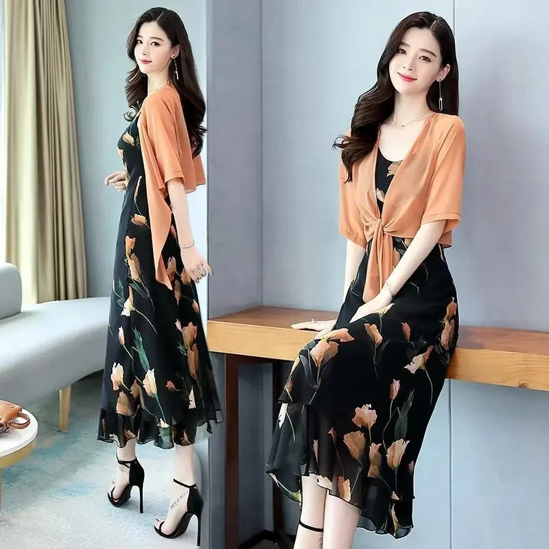 

Two Piece Floral Chiffon Sling Dress Slim Fashion Long Long Skirt 2022 New Western Style Shawl Summer Skirt Women Two Piece Set