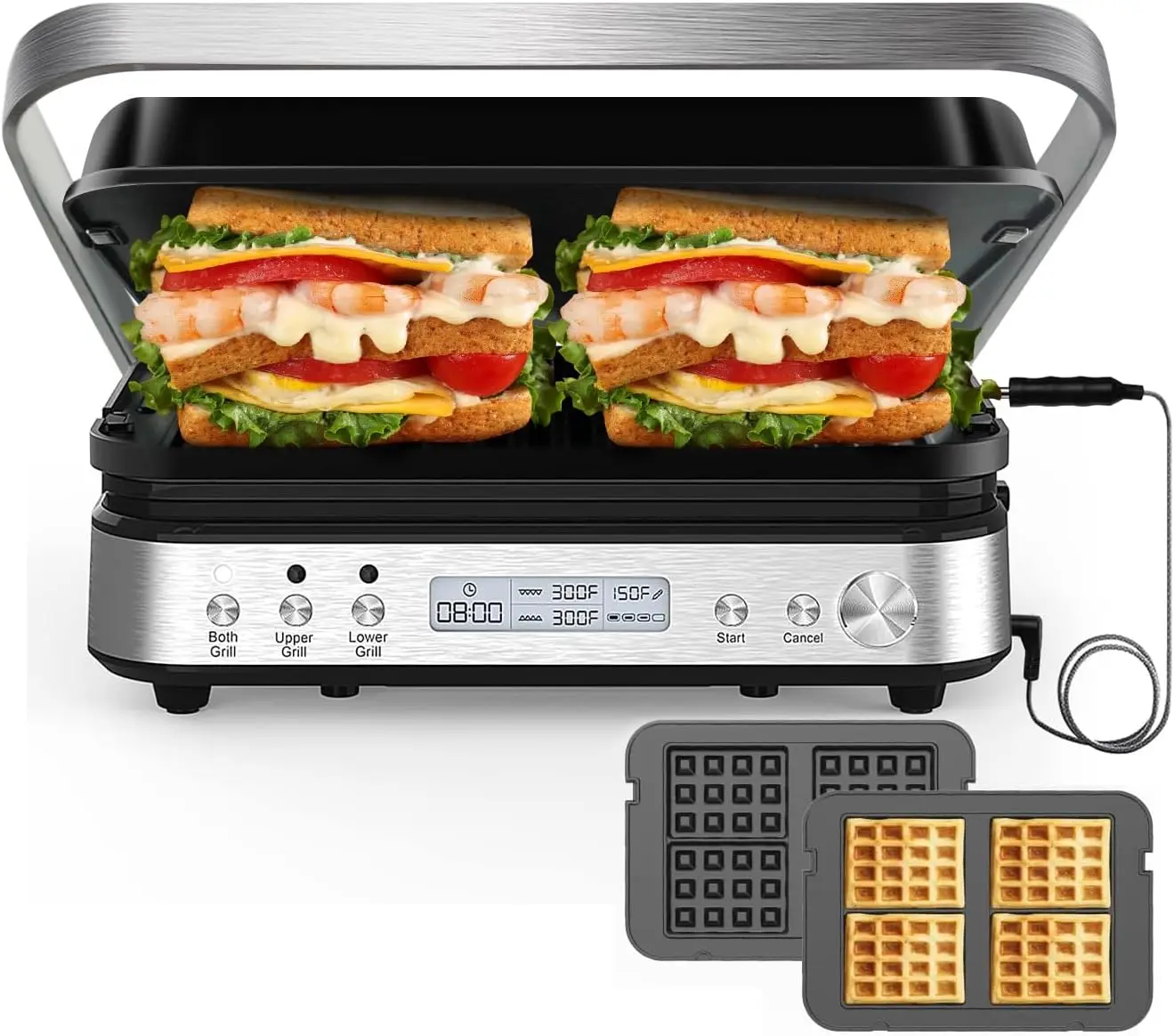 

Panini Press Grill Sandwich Maker with Removable Waffle Plates, 6 in 1 Electric grills with Meat Thermometer, CATTLEMAN CUISINE