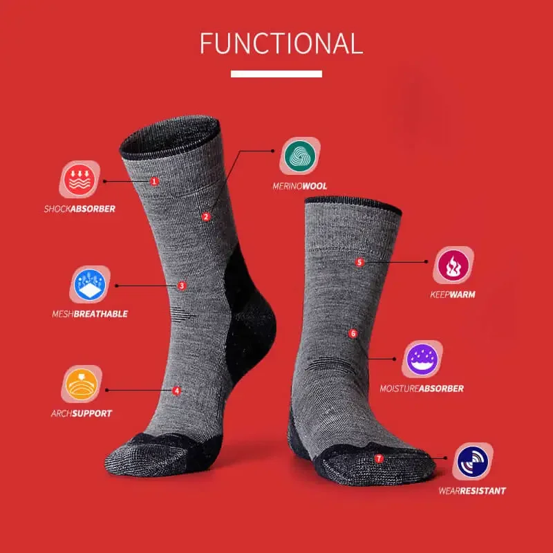 2 Pairs Ski Socks Men Women Thickened Thermal Merino Wool Winter Outdoor Snow Sports Cycling Mountaineering Hiking Socks
