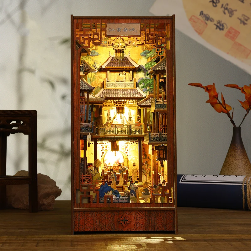 DIY Book Nook Wooden Miniature Model Kit Chinese Ancient Town Bookend Assembled 3D Puzzle Bookshelf Home Decor Friends Gifts 3