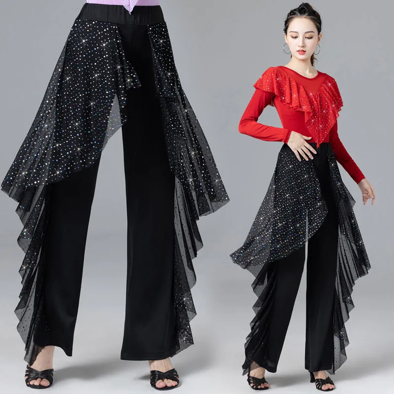 

2023 Adult Moden Ballroom Dance Costume Autumn Female Latin Performance Trousers And Top Sets Starry Diamond Dancewear Pants