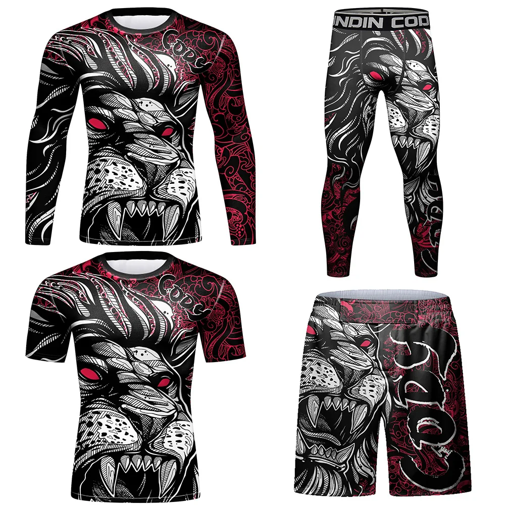 Boxing Jiu Jitsu Rashguard For Men MMA T-shirt Short +Pants 4PCS/Suit Grappling Bjj Gi Kickoxing Jerseys Rash Guard Sportswear