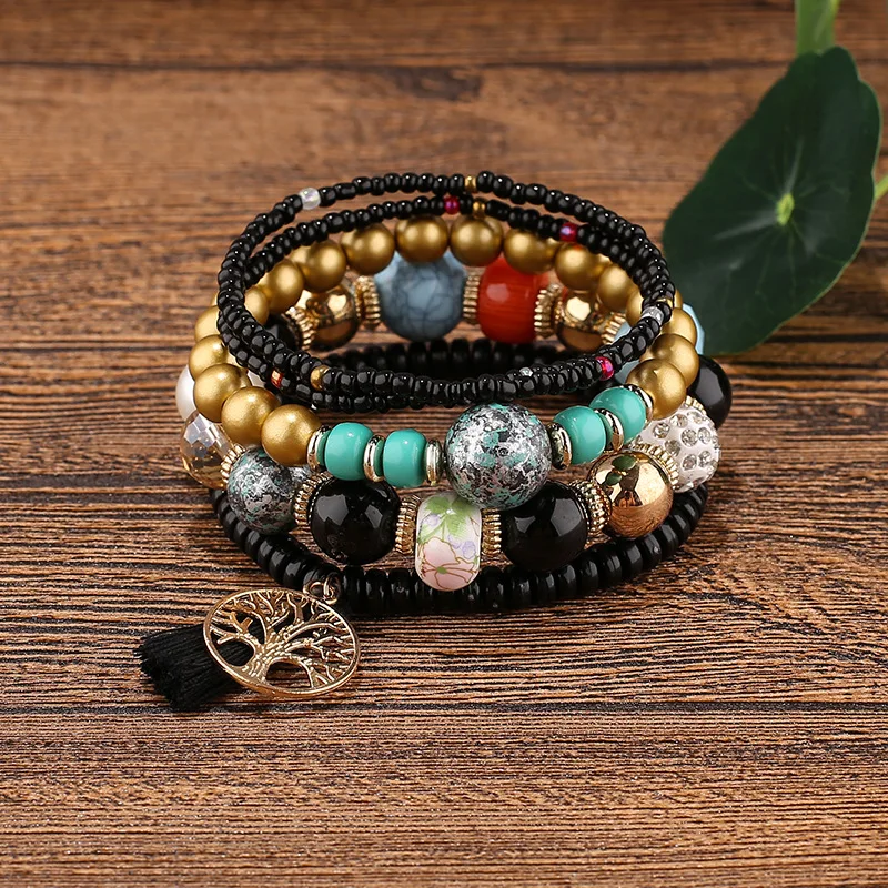 4pcs Bohemian Style Multilayer Beaded Bracelets With Elasticity And Charms  (elephant & Tassel) | SHEIN