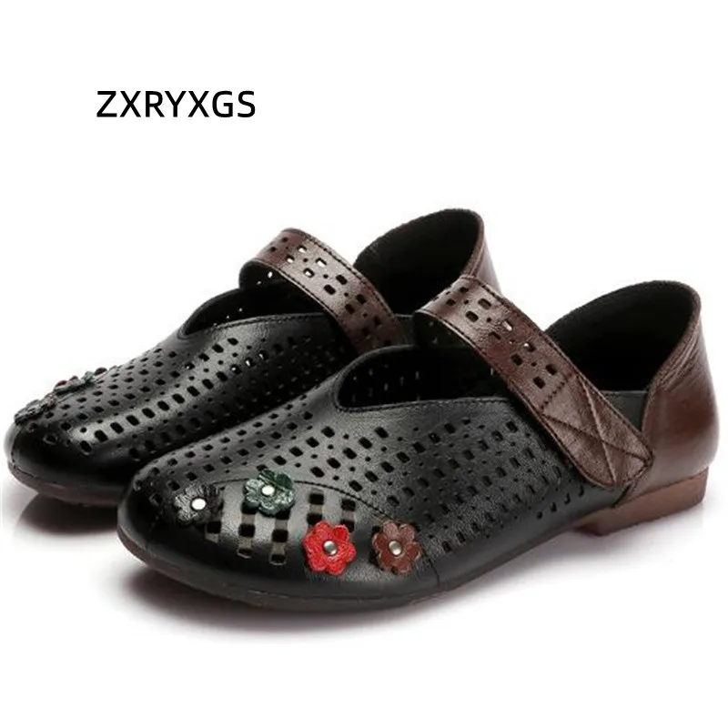 

Сандалии ZXRYXGS из натуральной кожи, дышащие босоножки на плоской подошве, с цветочным принтом, дышащие, в стиле ретро, для весны и лета, 2023