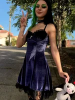 Velvet Gothic Sexy Black Mini Dress Women Vintage Spaghetti Strap High Waist Dresses Aesthetic Elegant Goth Party Club Dress - Image 5