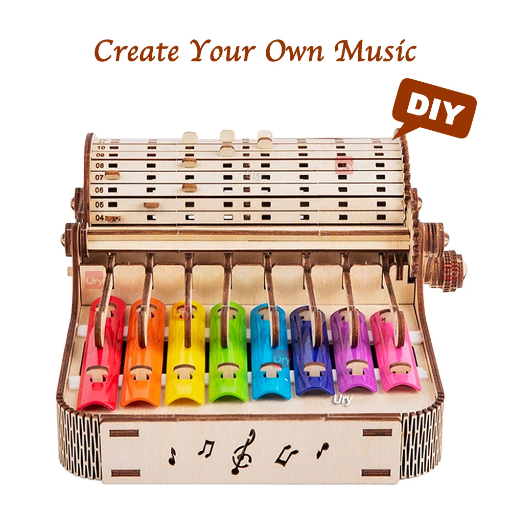 URY 3D Wooden Piano Hand Crank Xylophone Percussion Musical Instruments DIY Toy Rhythm Device Model for Children Christams Gift 3