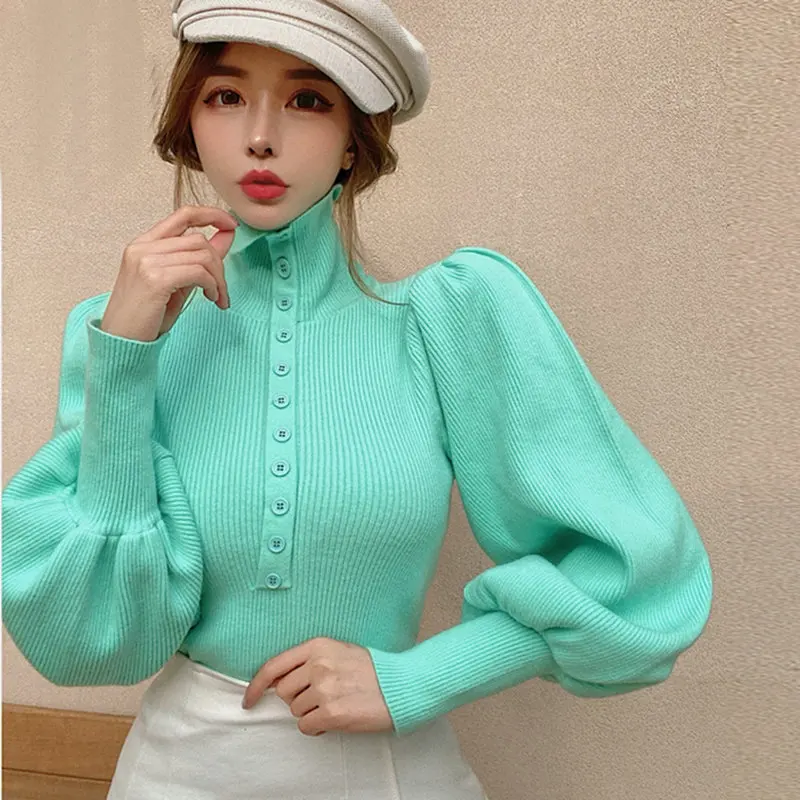 

New 2023 Autumn Winter Turtleneck Sweaters Women Long Lantern Sleeve Pink Blue Single Buttons Thicken Pullovers Jumpers