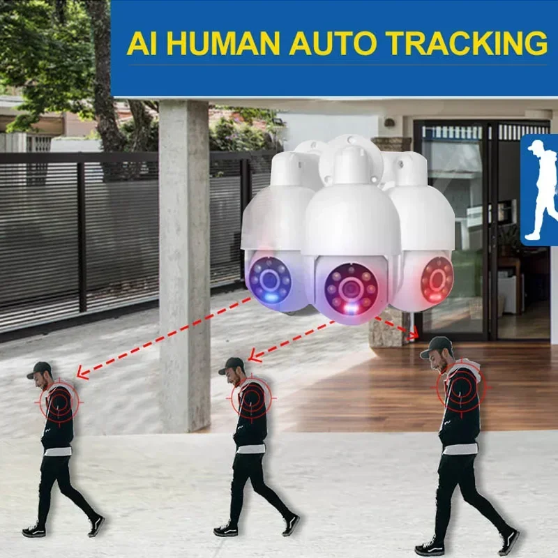 레드 블루 라이트 사운드 알람 H265 8채널 8MP 4K Poe NVR 카메라 시스템 4MP 야외 PTZ 돔 보안 키트 인체 자동 추적