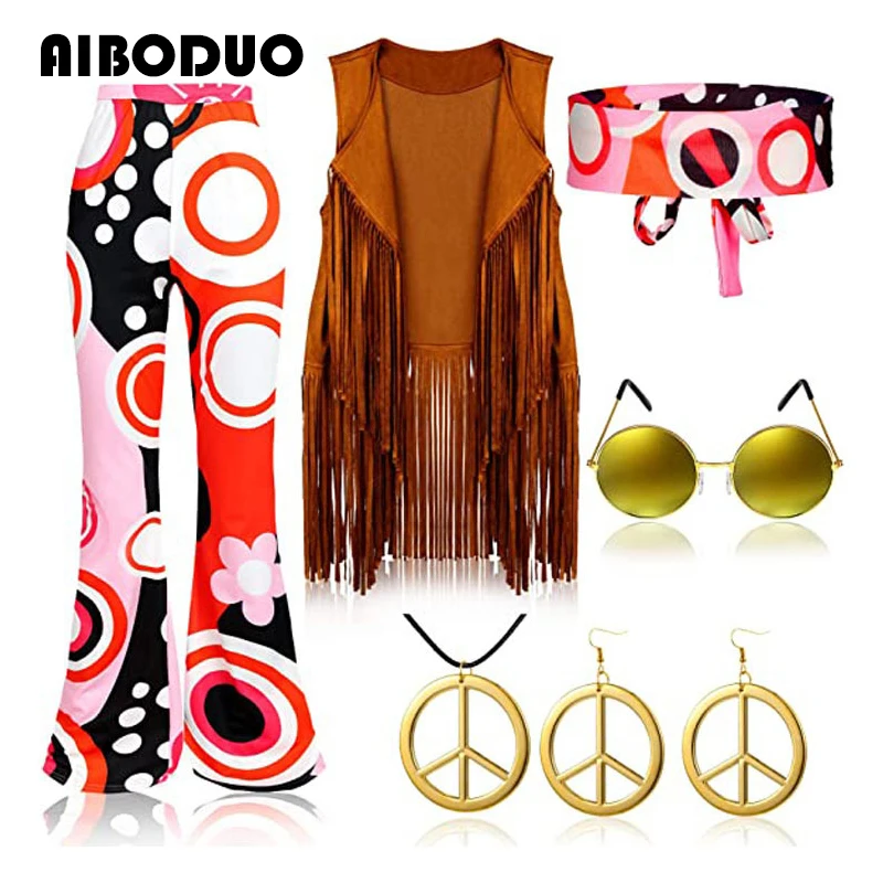 New Hippie Costume Women's Set for Carnival 70 S Hippy Party Clothing Accessories Tassel Vest Pants Turban Headband Suit