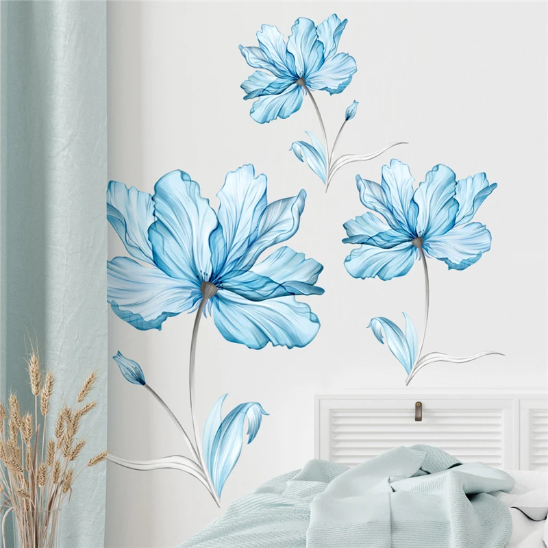 Large 3D Blue Flowers Wall Art Stickers Removable Home Decor