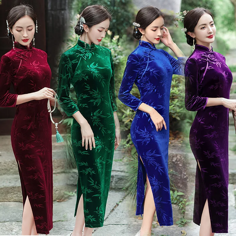 

2023 Autumn Velvet Mid-sleeved Cheongsam Mom Slim Long Plus Size Chinese Traditional Qipao Evening Wedding Dress for Women Party