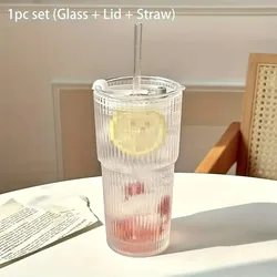 Elegant 600ml Stripe Glass Cup with Lid and Straw - Perfect - 600ml (1Set)