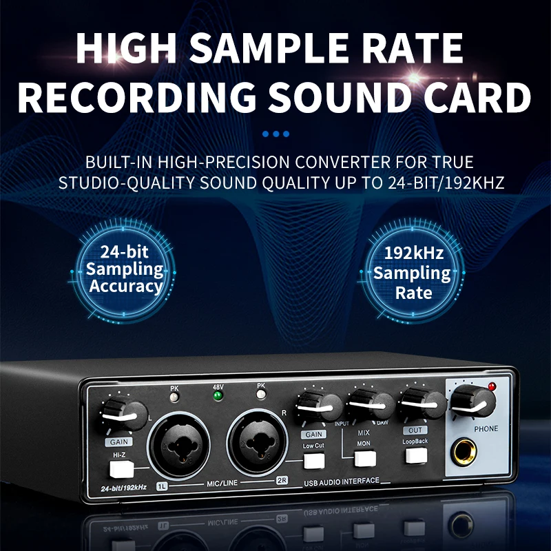 Sound Card Audio Interface for Electric Guitar Monitor Loopback USB External Studio Live Recording