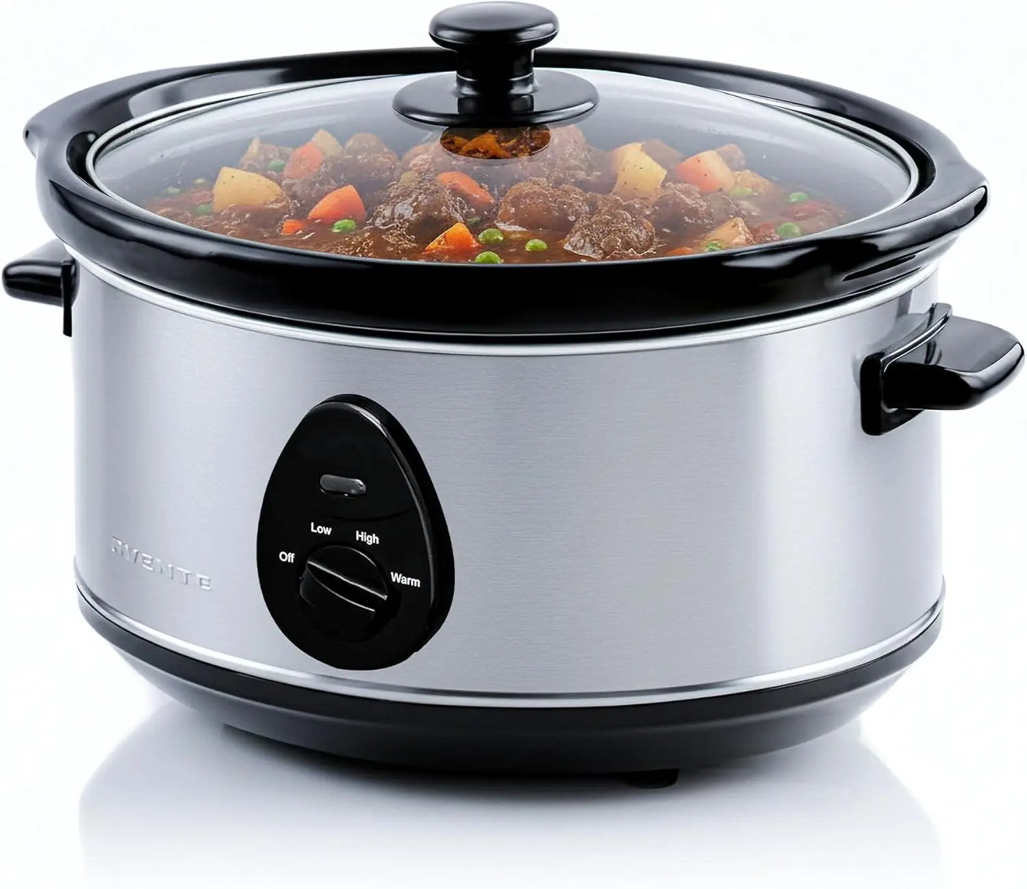 Electric Slow Cooker with 3 Cooking Settings, Non-Stick and Dishwasher Safe Stoneware, StainlSteel Body, Glass Lid, 3.7 Qt