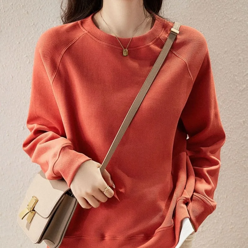 2023 Autumn and Winter Women's Round Neck Pullover Solid Color Contrast Sweater Tee T-shirt Fashion Large Loose Casual Tops
