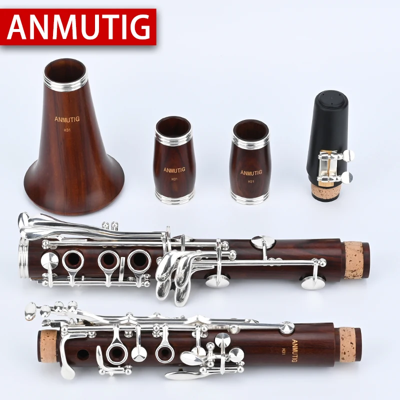 ANMUTIG Professional Red Wood 17 Key Bb Clarinet Rosewood Silvering H32
