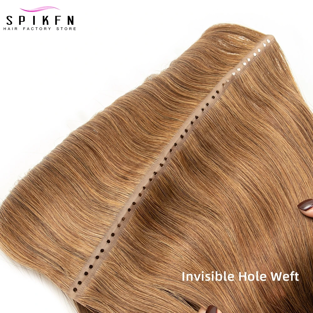 24 inches Double Inject PU Hole Weft Hair Extensions Straight Brown Human Hair Bundles 50g Invisible PU Skin Hair Weaves