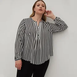 Plus Size Half Placket Summer Spring Elegant Blouse Women Single Button Black And White Striped Long Sleeve Shirt Large Size 7XL