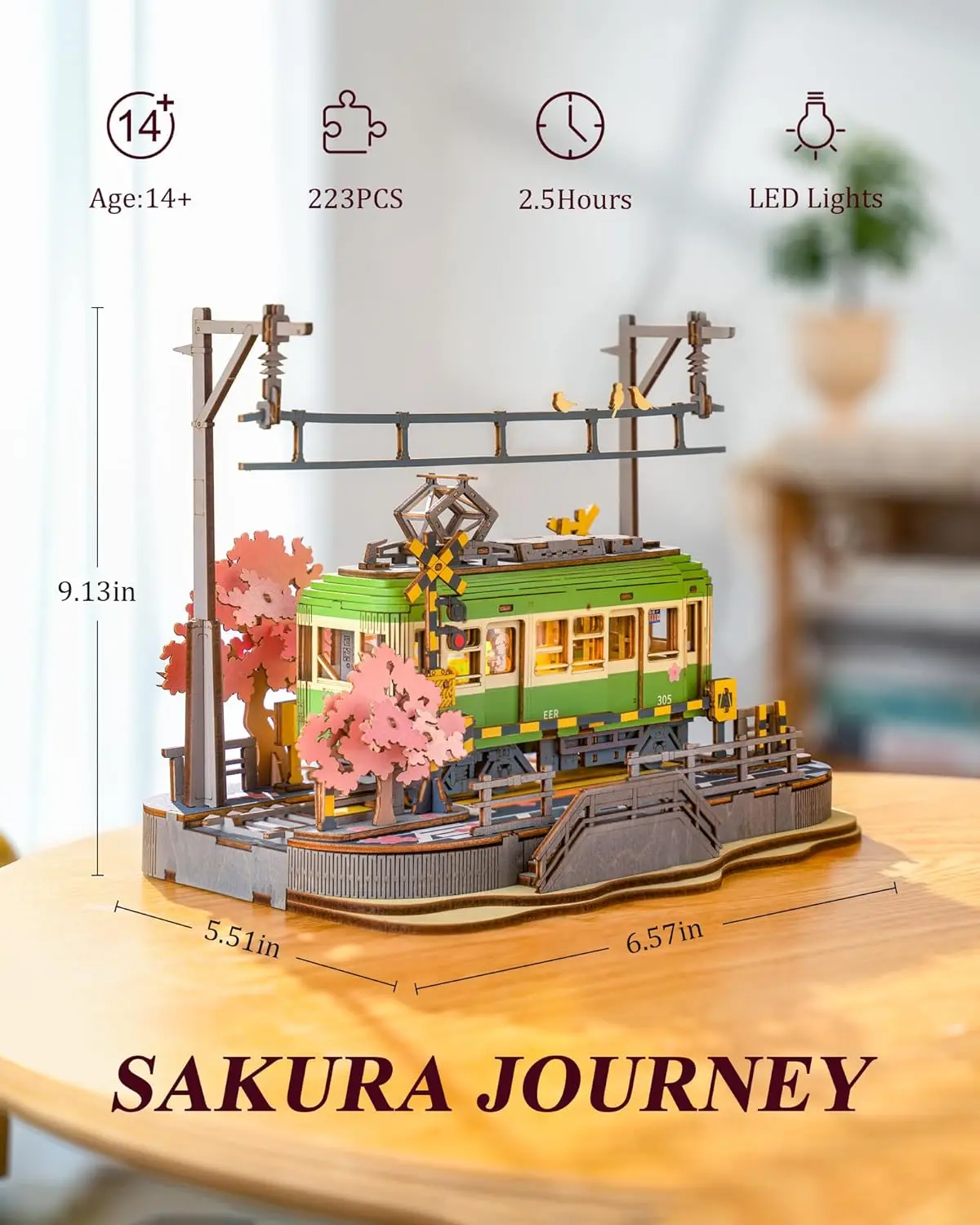 Robotime 3D Puzzles Sakura Journey DIY Model Building Toy with LED Light Wooden Craft Kits Tram Hobby for Kids Brain Teaser Gift 5