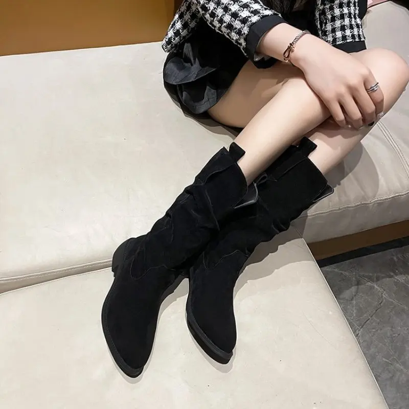 Natural Suede Embroidered Women Boots Leather Handmade Pointed Toe Spike Heel Autumn Winter Boots Cowboy New Western Retro Botas