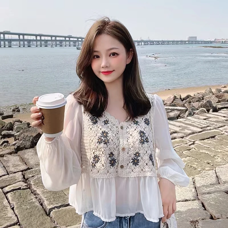 

OUMEA Women Beach Crochet Cover Up Shirts Buttons Front Floral Embroidery Chiffon Long Sleeve Tops Fake 2 Pieces Summer Cute Top