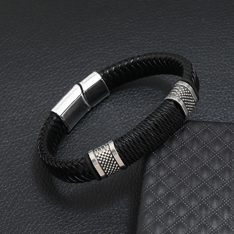 Men Leather Detachable Magnetic Clasp Bangle Bracelet