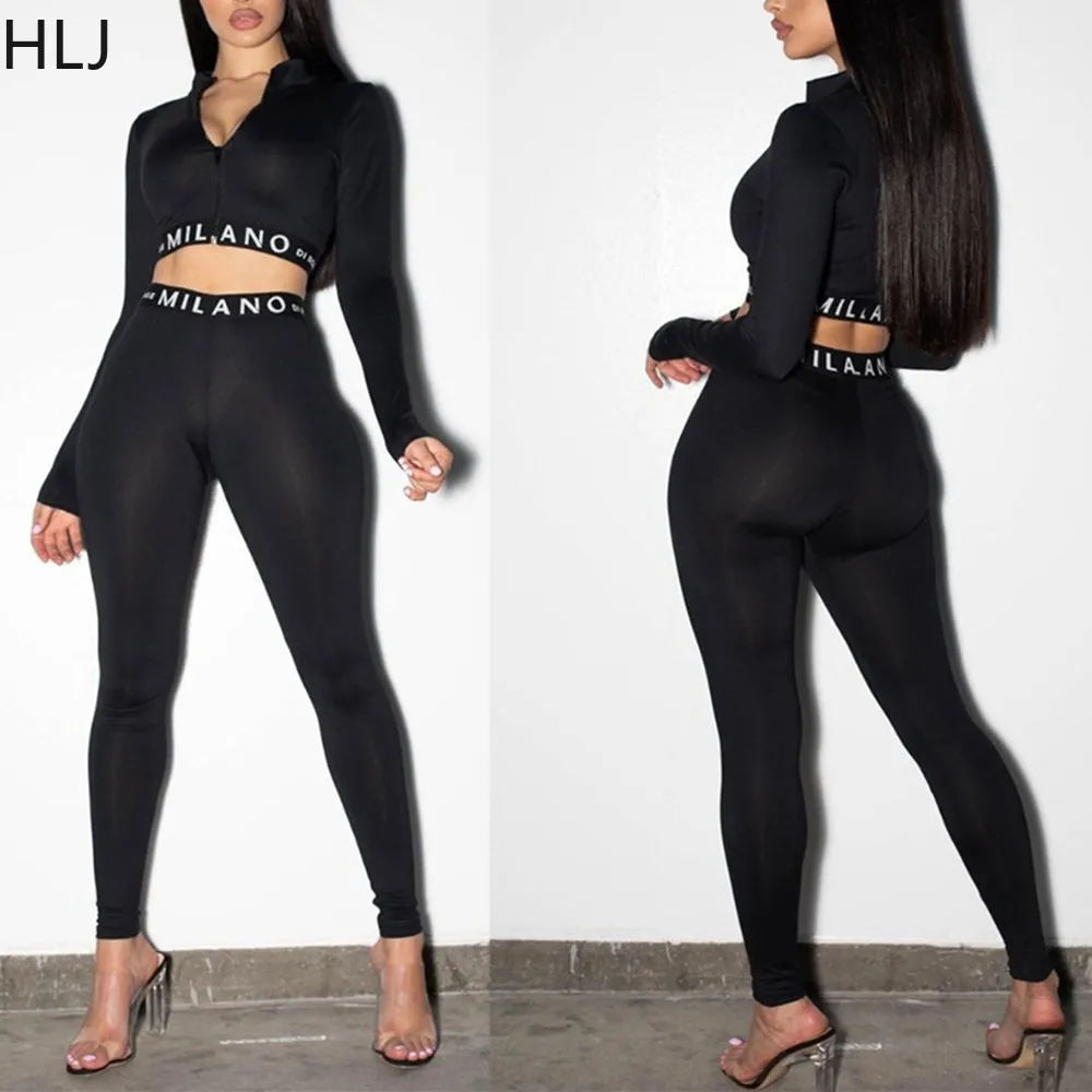 

HLJ Casual Letter Print Legging Pants Two Piece Sets Women Zip Long Sleeve Crop Top + Skinny Pants Tracksuit Female 2pcs Outfits